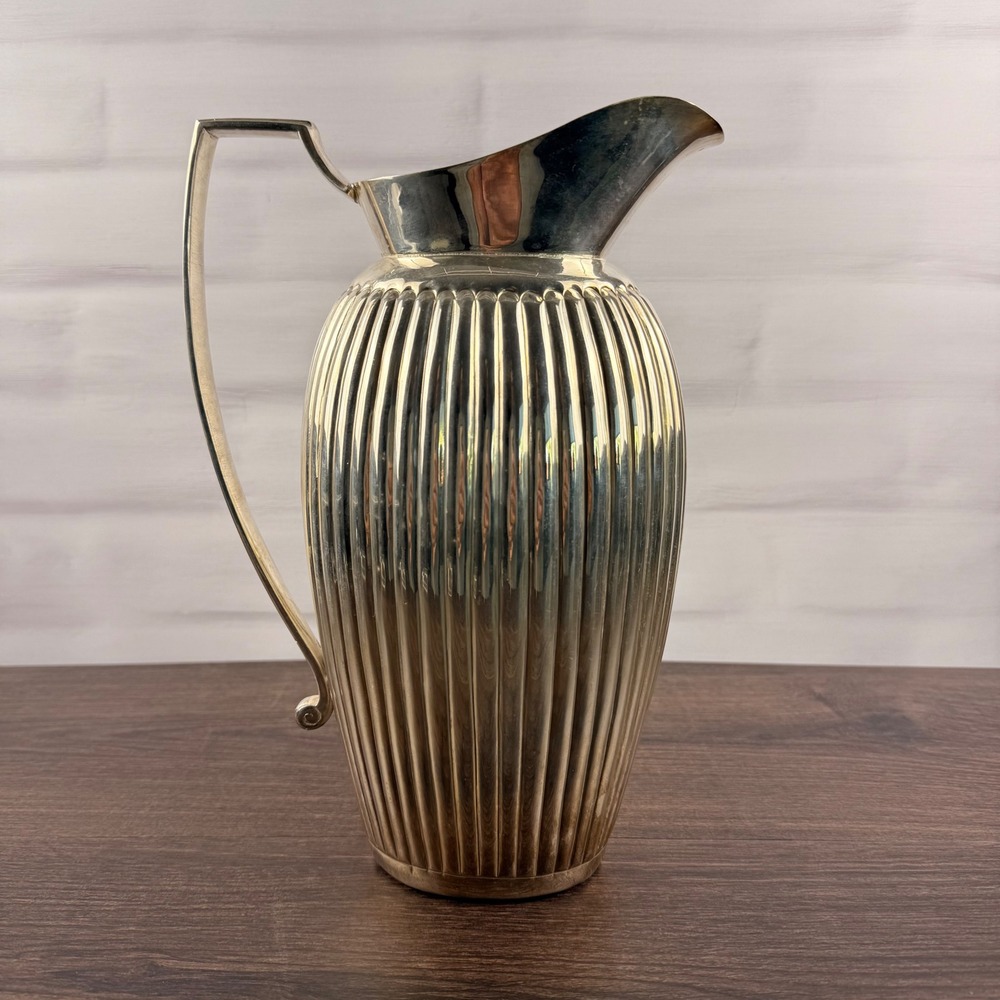 Nickel Plated Brass Pitcher Vintage India Ribbed Fluted Modernist Ewer